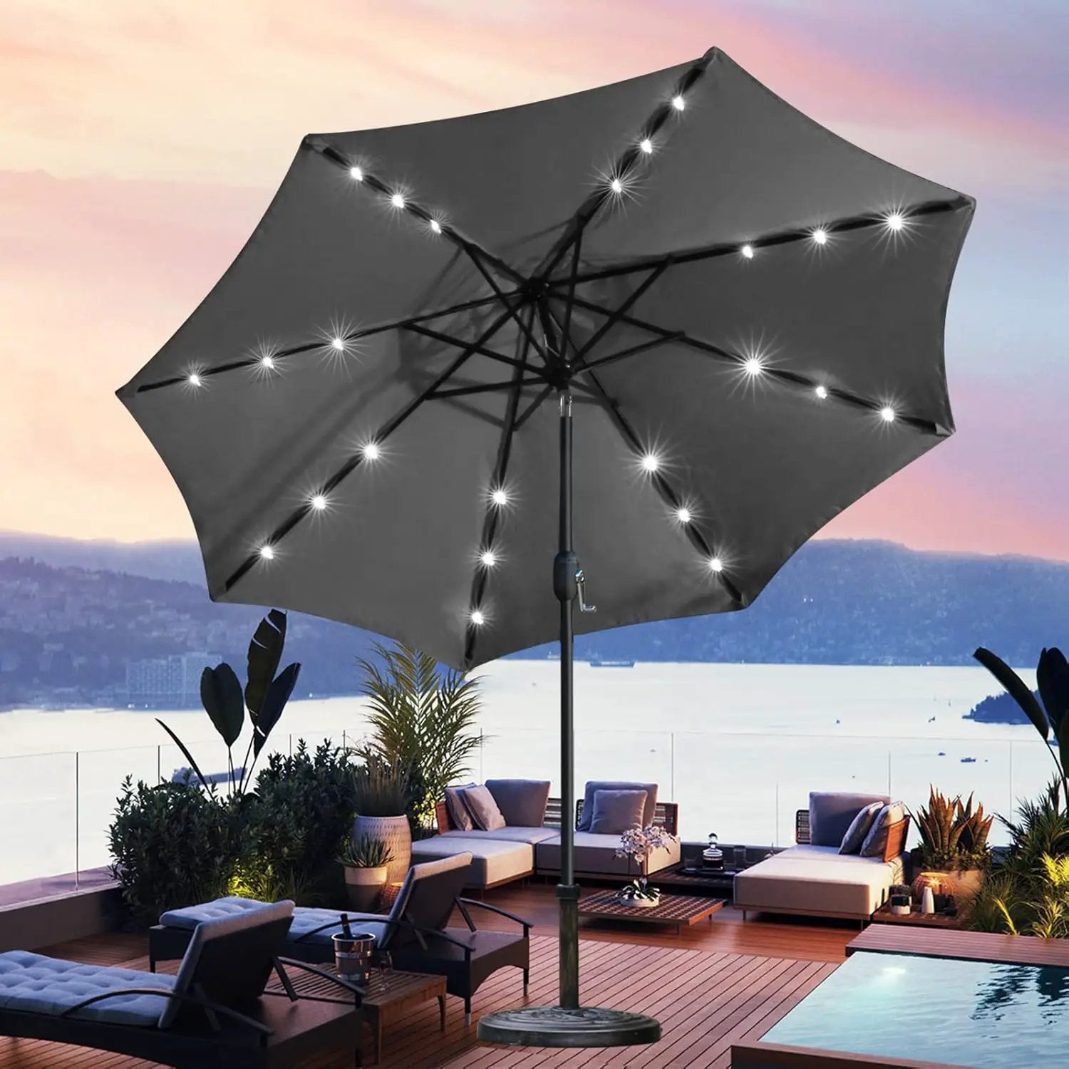Sunnyglade 9' Solar LED Lighted Umbrella with 8 Ribs Adjustment and Crank Lift System for Patio (Grey) by GreenHaven Gardens