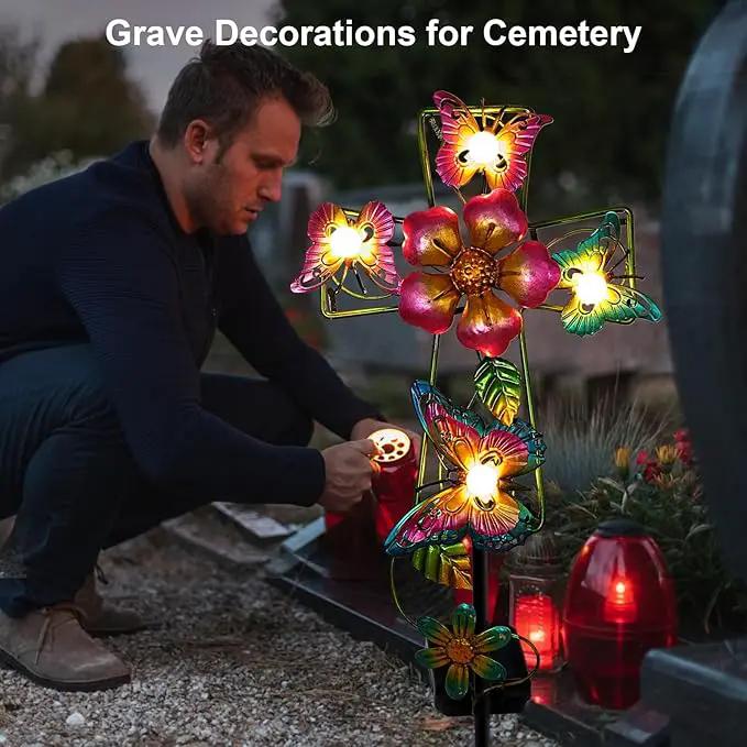 Solar Cross Garden Lights, 2 Pack Solar Butterfly Stake Lights Cemetery Decorations for Grave, Jesus Cross Sympathy Memorial Gifts for Mother Grandma, Metal Garden Art for Yard Lawn Patio Decor by GreenHaven Gardens