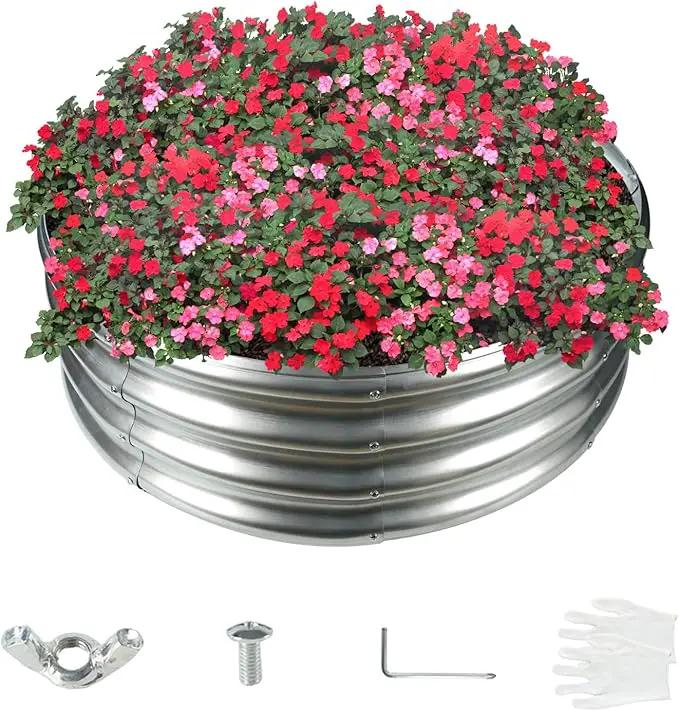 32 Inch Diameter Silver Galvanized Garden Raised Bed/Plant Box/Fire Ring-0.8mm Thick,12 Inch Tall,Crimped Edge and Corner,No Sharpe,Perfect for Plantings (2.7FT Diameter, Round) by GreenHaven Gardens