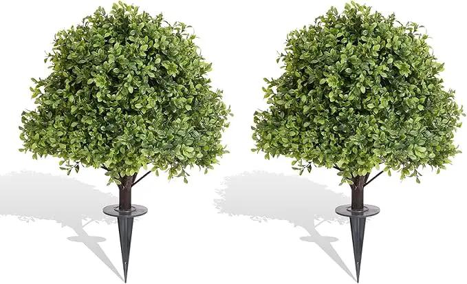 27" Tall Artificial Boxwood Ball Topiary Trees Set of 2, UV Resistant Large Faux Plants Outdoor, 2ft Fake Bushes and Shrubs Look Real with Ground Spike for Front Porch Outside Planter Backyard Decor by GreenHaven Gardens
