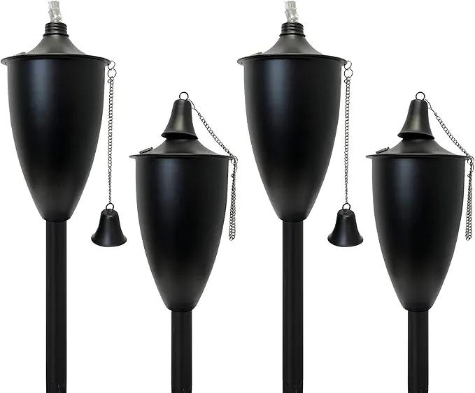 Set of 4, Elegant Premium Metal Torch, 53" Tall- Tiki Style/w Snuffer, Fiberglass Wick & Large 20oz Oil Lamp, Patio Decorations Outdoor (Large Smooth Black) by GreenHaven Gardens