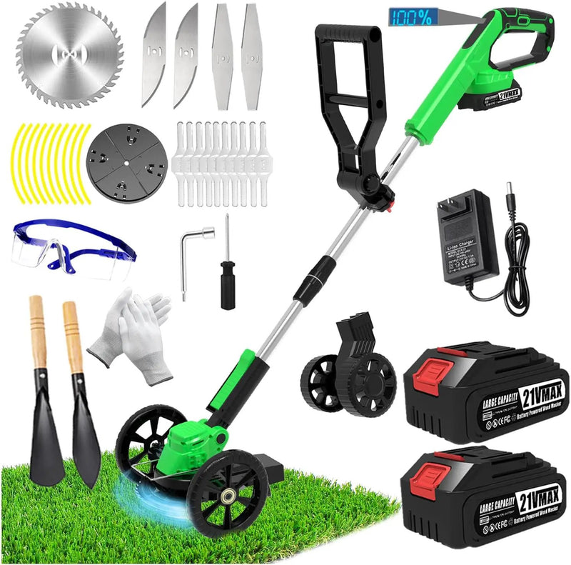 Electric Weed Wacker Eater Cordless Battery Powered, Weed Trimmer 21V Lightweight No-String with 2 Battery Operated & Wheels, 3 in 1 Stringless Grass Trimmer/Edger/Brush Cutter for Garden Yard Lawn by GreenHaven Gardens