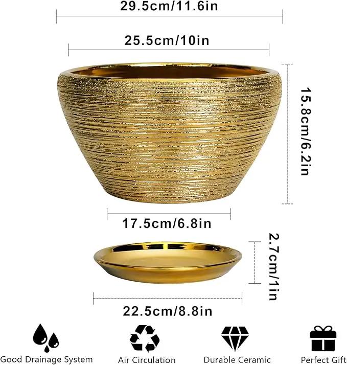 Ceramic Planter 11 Inch - Indoor Plant Pot with Drainage Hole and Saucer Large Planter for Outdoor Plants Mid-Century Decorative Flower Pot for Home Decor Gold by GreenHaven Gardens