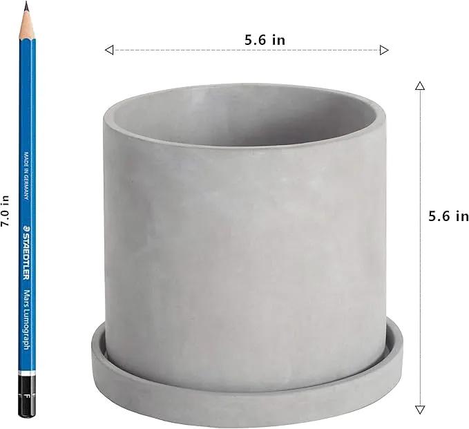 Ekirlin 5 Inch Flower Plant Pot Indoor - Grey Cement Garden Planter Concrete Planter with Drain Hole Saucer, Modern Succulents Containers for Home Decor, Office & Outdoor by GreenHaven Gardens