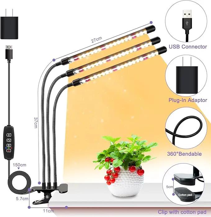 3head Plant Lights, 2Pack Grow Lights for Seed Starting, Full Spectrum Growing Lamps with Clip for Indoor Plants, Auto ON & Off Timer 3/9/12H, 3 Switch Modes, 10-Level Dimmable Brightness by GreenHaven Gardens