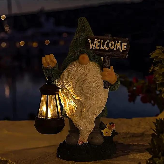 Garden Gnome Statue Outdoor Decor Large Flocked Resin Gnome Figurine with Solar Light Holding Lantern Welcome Sign Garden Yard Decorations Dwarf Sculpture for Outside Patio Porch Lawn Decor. by GreenHaven Gardens