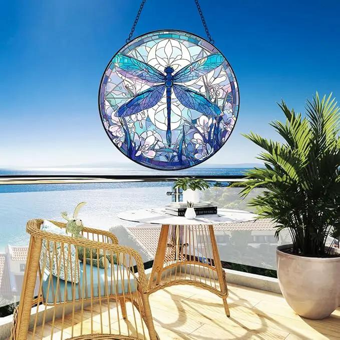 Dragonfly Decor Suncatcher Stained Glass Window Hanging - Handmade Artistic Suncatchers for Windows Hanging - Wall Home Decor Suncatcher with Metal Chain and Hook Gift for Women Mom Home Porch Garden by GreenHaven Gardens