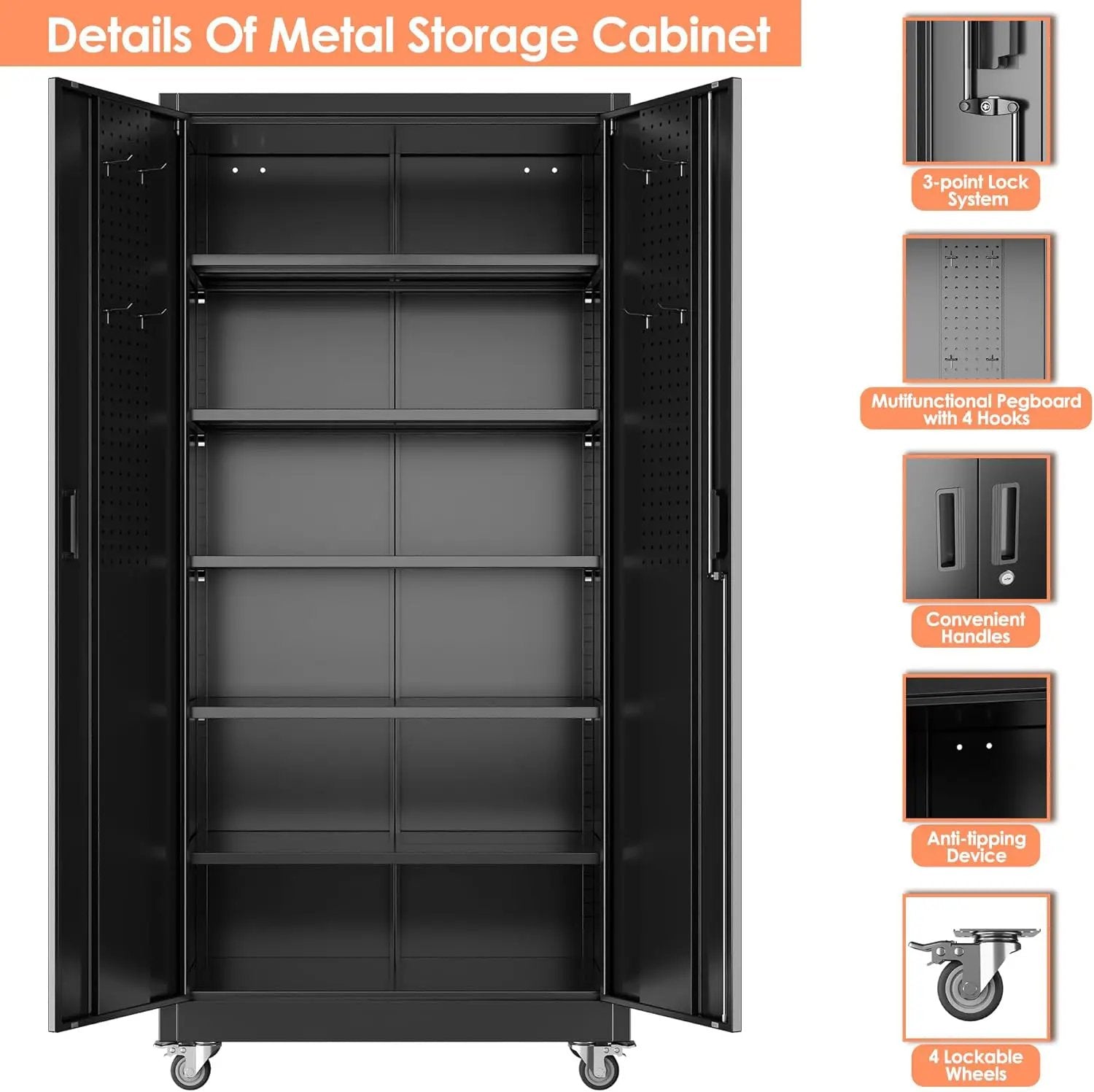 Aobabo 71" H×34" W×18" D Metal Storage Cabinet with Wheels, Locking Steel Storage Cabinet with 4 Hooks, 5 Shelves for Garage, Home Office, School, Assembly Required, Black by GreenHaven Gardens
