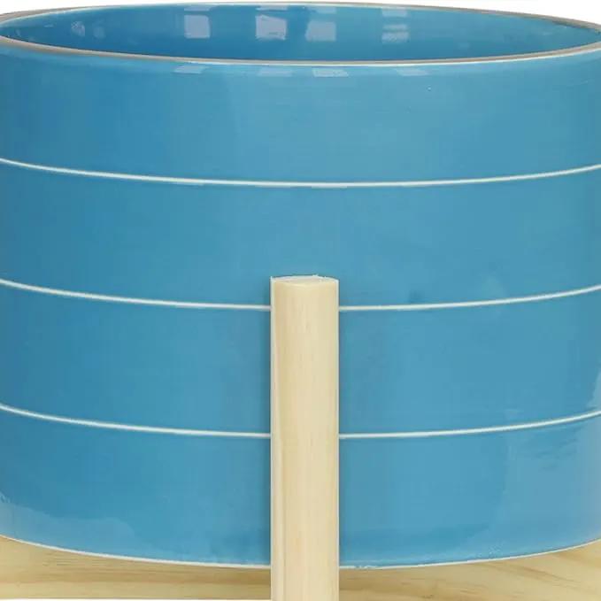 8" Ceramic Planter on Wooden Bamboo Stand - Contemporary Blue While Striped Design For Indoor or Outdoor Plants, Succulents, Cactus by GreenHaven Gardens
