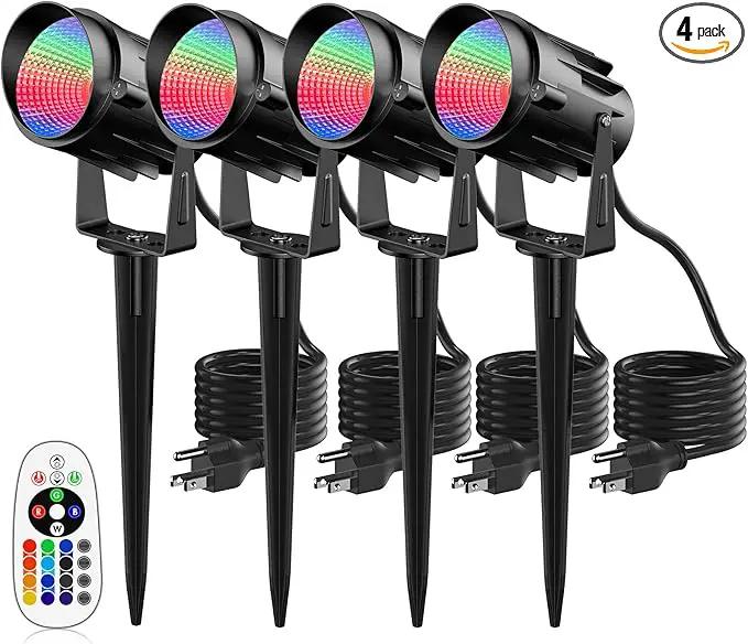 RGB Spotlight Outdoor 12W Color Changing Landscape Lighting with Remote Control Outdoor Spotlight for Yard 120V Waterproof Led Landscape Lights 4 Pack by GreenHaven Gardens