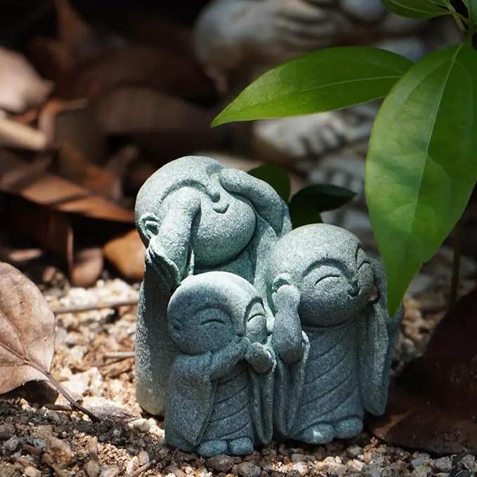 OwMell 3 Japanese Jizo Statue Stone Japanese Buddha Jizo Monk Statue Figurine Memorial Statue Aquarium Decoration Garden Outdoor Ornament 3"" - No Evil, Gray by GreenHaven Gardens