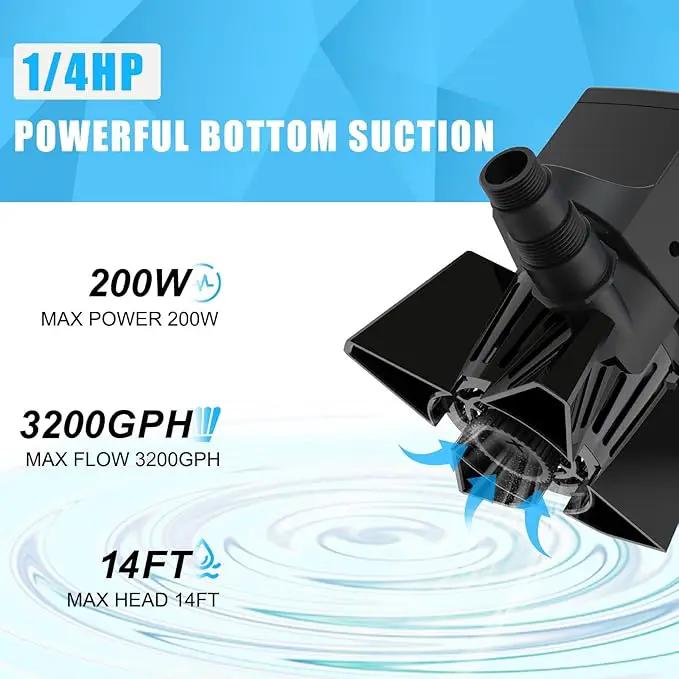 3000GPH Pond Pump - 200W Submersible Water Pump with Barrier Bag, Ultra Quiet Aquarium Pump with 33FT Power Cord for Pond, Waterfall, Fish Tank, Statuary, Hydroponic, Black by GreenHaven Gardens