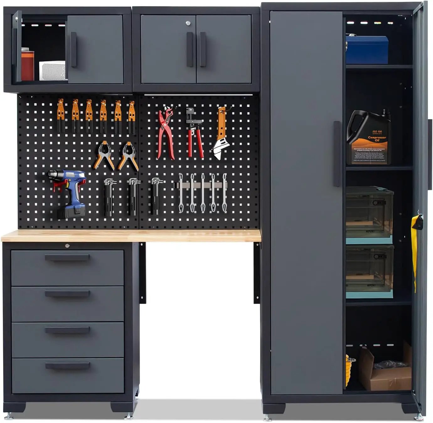 7-Pcs Garage Storage Cabinet System - Workshop Set With Steel Drawers, Workbench, Pegboard for Tool Organization by GreenHaven Gardens