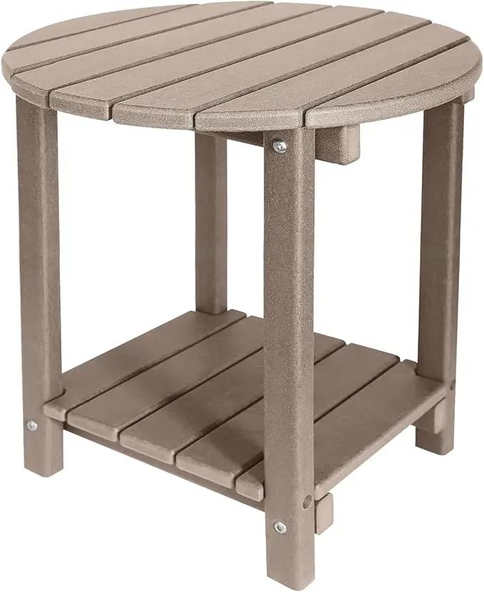 Adirondack Round Outdoor Side Table 2-Tier Storage Patio Side Table, HDPE End Tables for Backyard Pool Porch Garden Lawn (Teak) by GreenHaven Gardens