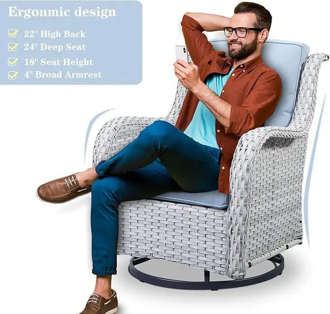 Wicker Outdoor Furniture Patio Furniture Set - 6 Piece Patio Conversation Set with Swivel Rocker Chairs, Loveseat Sofa, Ottomans and Coffee Table, Baby Blue Cushion by GreenHaven Gardens