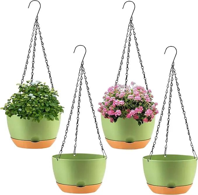 4 Pack Plastic Hanging planters for Indoor Plants,8 Inch Plant Pot Indoor Outdoor Hanging Baskets,Hanging Flower Pots with Drainage Holes and Chain for Garden Porch Plants (Green) by GreenHaven Gardens