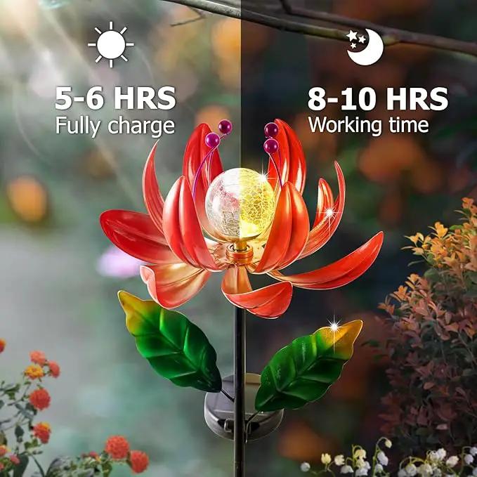 Solar Lights Outdoor Wind Spinners, Metal Lotus Flower Garden Decor with Waterproof LED Crackle Glass Globe for Patio Lawn Yard Outdoor Decor by GreenHaven Gardens