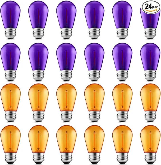 Meconard S14 Purple and Orange LED Light Bulbs, 24Pack 1W Plastic Shatterproof Waterproof LED Bulbs for Indoor Outdoor String Lights, E26 Base, Halloween Decoration, String Light Replacement Bulbs by GreenHaven Gardens