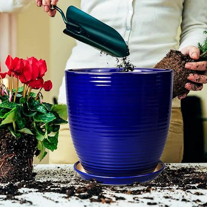 Ceramic Planter Pot - 12 Inch Pot for Plants Large Indoor Plant Pot with Drainage Hole and Saucer Fluted Round Planter for Outdoor Plants Flower Pot for Home Garden Blue