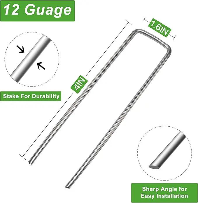 Landscape Staples 4 Inch 50Pcs 12 Gauge Garden Stakes, Heavy Duty Galvanized Garden Staple for Fences, Lawns, Weed Barriers, and Landscape Fabrics, Netting, Irrigation Hose, Floor Mats by GreenHaven Gardens
