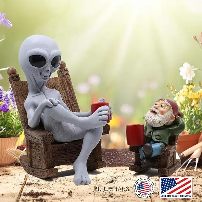Andre' & Fritz | Celebrating Friendship with a Morning Cup of Coffee | Whimsical Extraterrestrial Outdoor Decor | Garden Statue 2pc Resin Set 6.25”/ 3.50” Tall (Coffee with Friends) by GreenHaven Gardens