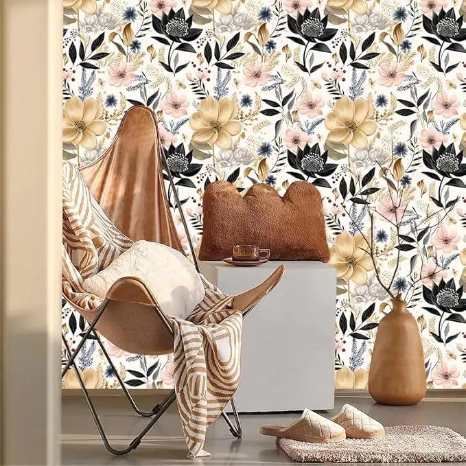 White/Pink/Gold Floral Garden Black Blue Flowers Vintage Peel and Stick Wallpaper Self Adhesive Removable Easy Peel Off Contact Paper Stick on Wall Paper for Bedroom Cabinet Renter Friendly by GreenHaven Gardens
