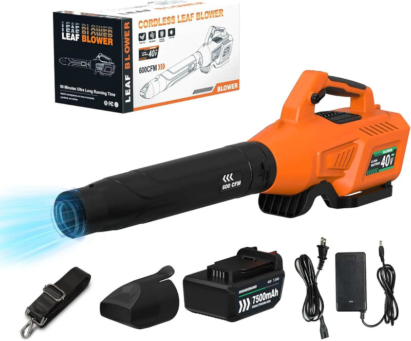 Leaf Blower Cordless with Battery - 40V Powerful Electric Leaf Blower, 600CFM &180MPH and Variable-Speed with 7.5Ah Battery and Charger for Lawn Care, Patio, Dust, Blowing Leaves (Orange) by GreenHaven Gardens