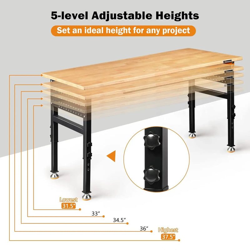 60" Heavy-Duty Adjustable Workbench for Garage, Rubber Wood Shop Table W/Double Pegboards & Drawer,Hardwood Workstation Weight Capacity Over 2000 Lbs by GreenHaven Gardens
