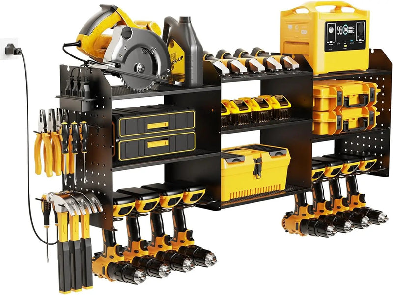 Power Tool Organizer with Charging Station Wall Mount, 3 Layer Expanded Heavy Duty Garage Organization, 45.5 Inch Length Garage Tool Storage, 8 Drills, 2 Assemble Method, Black by GreenHaven Gardens