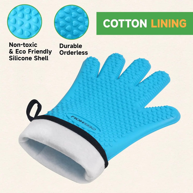 GEEKHOM BBQ Gloves, Grilling Gloves Heat Resistant Oven Gloves, Kitchen Silicone Oven Mitts, Long Waterproof Non-Slip Pot Holder for Barbecue, Cooking, Baking, Aqua Blue by GreenHaven Gardens