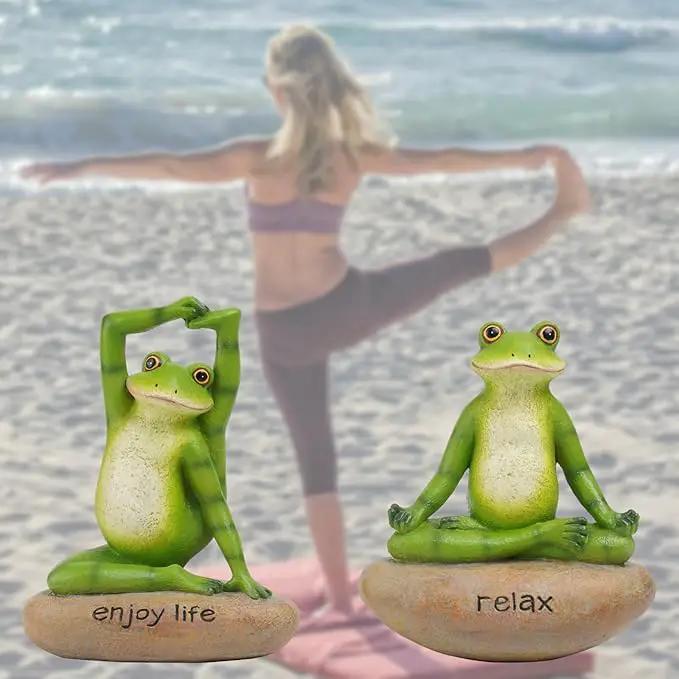 Garden Yoga Frog Decor Statues - 2 Pcs Figurines Statue Animal Decorative Sculptures Resin Garden Décor Meditation for Home 4.5 * 4 * 6 Inch by GreenHaven Gardens