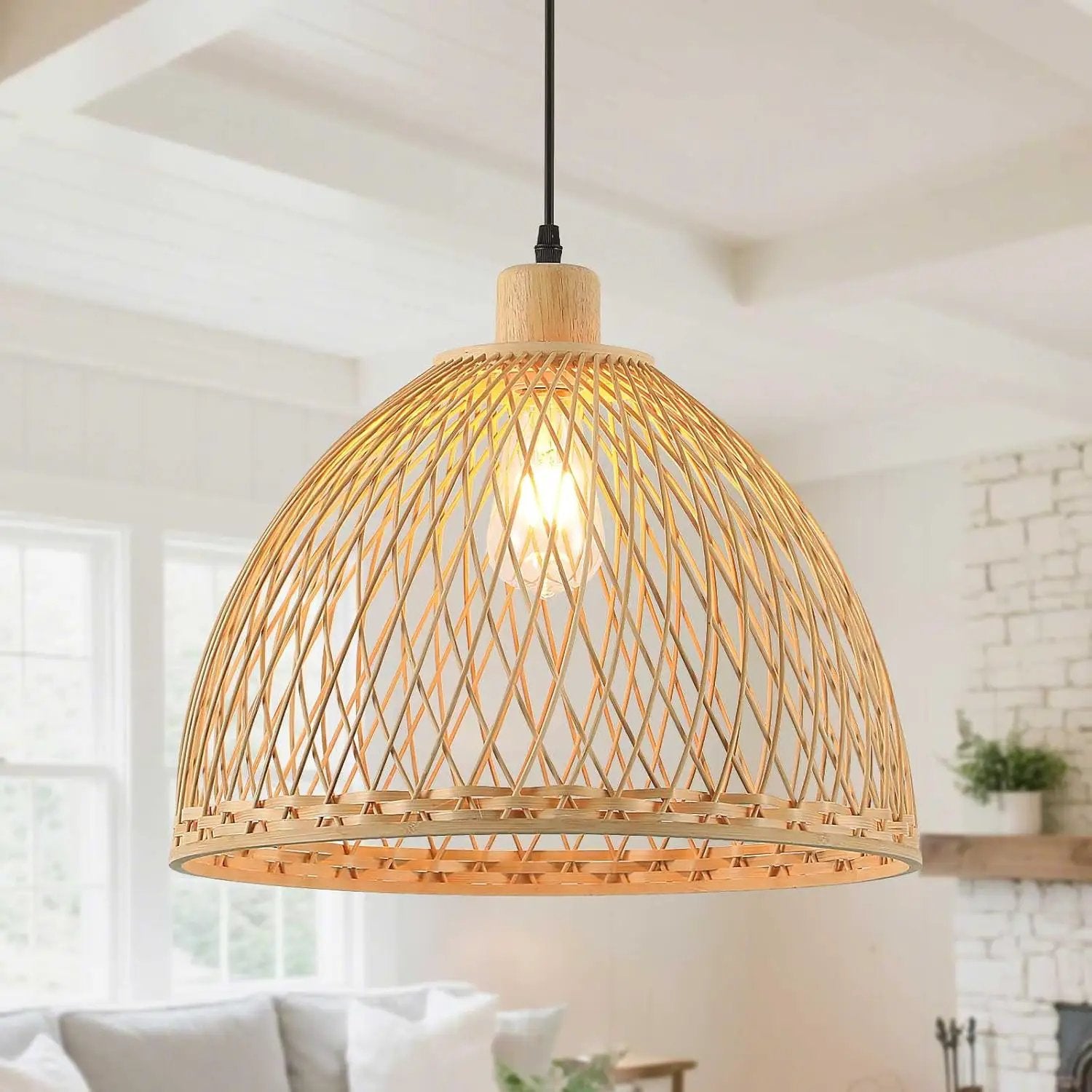 Hand-Woven Rattan Pendant Light, 16 Inch Boho Wicker Lights Fixture Wite Adjustable Cable, Coastal Hanging Lighting for Kitchen Island Dining Room Living Room Entrance Foyer by GreenHaven Gardens