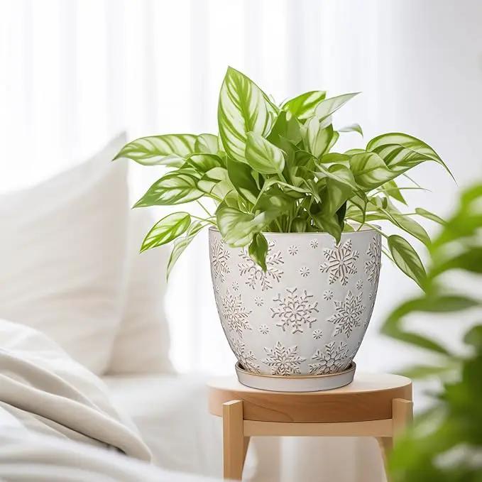 Ceramic Planter 8 Inch Plant Pot with Drainage Hole and Saucer Ceramic Pots for Indoor Plants Outdoor Large Flower Pot for Home Decor White by GreenHaven Gardens