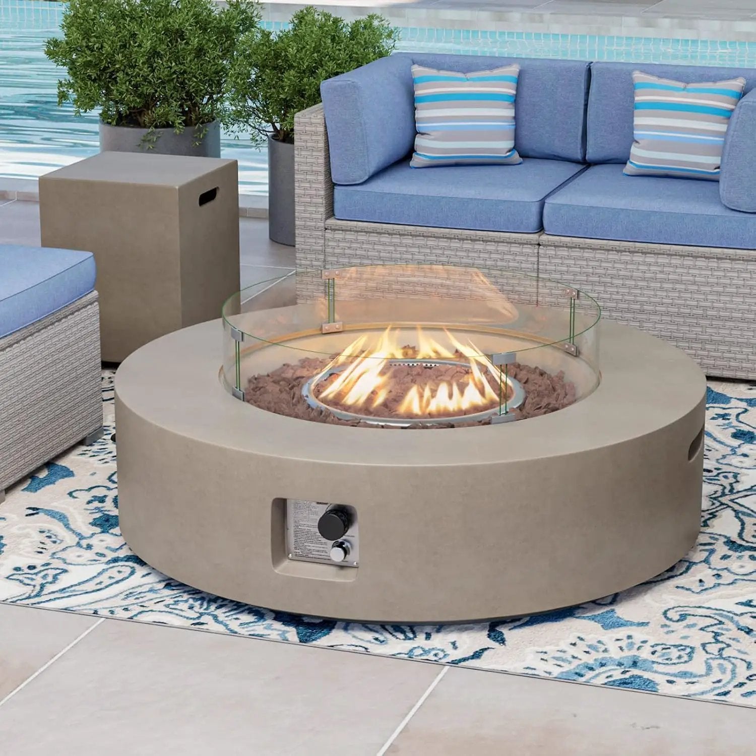 COSIEST 2-Piece Outdoor Propane Firepit Table Set w Tank Table, CSA Certified 42" Fire Table CSA Certified, 50,000 BTU w Gray Round Base,Wind Guard and 16 inches Tank Side Table 20lb for Garden,Pool by GreenHaven Gardens