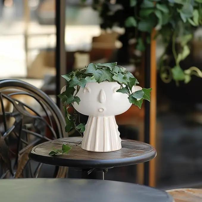 Face Planter Pot 7 Inch - Cute Ceramic Flower Head Planter for Indoor Outdoor Succulent Pot with Drainage Hole Flower Pot Present for Mother Christmas White by GreenHaven Gardens