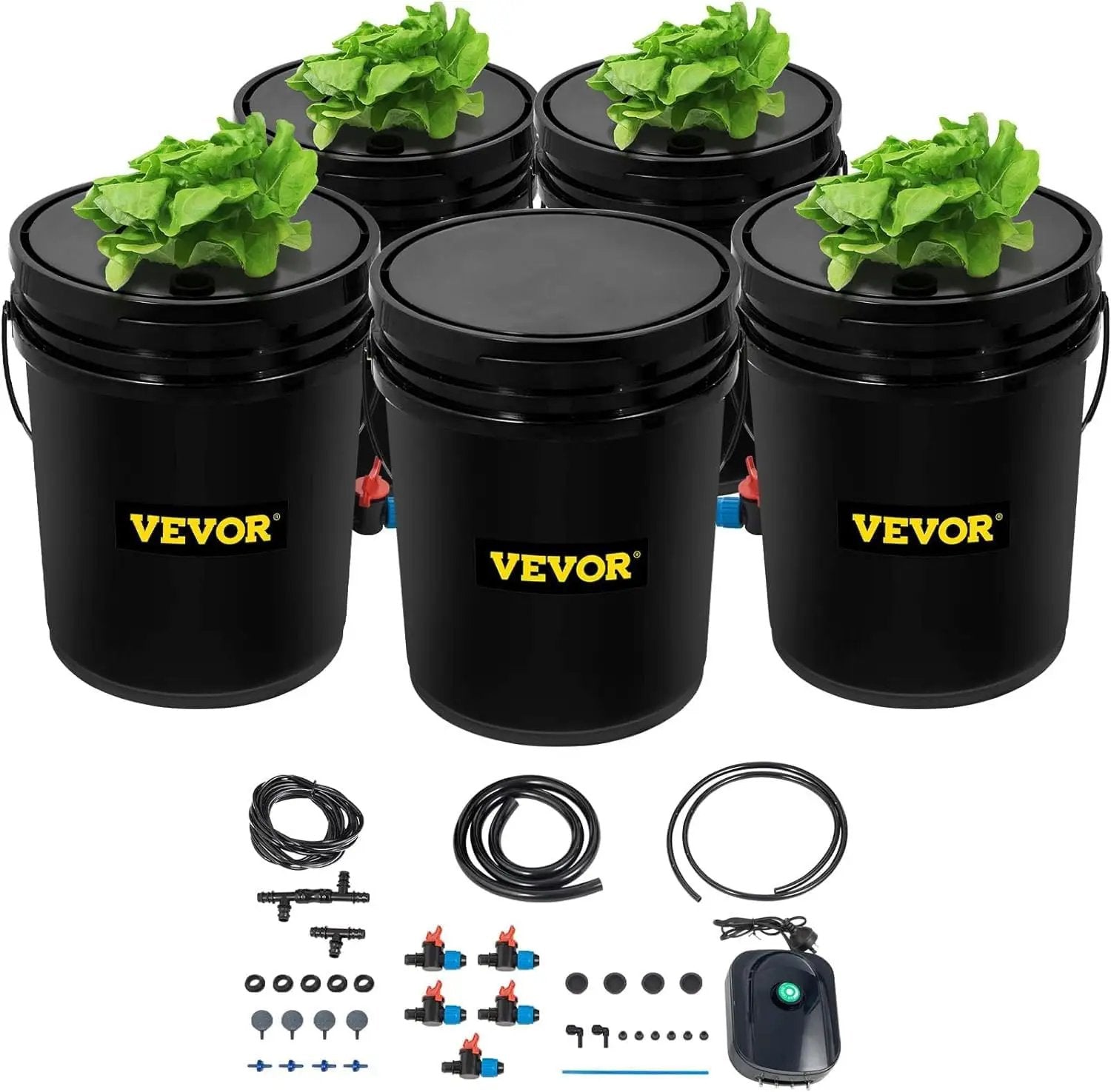 VEVOR DWC Hydroponic System, 5 Gallon 5 Buckets, Deep Water Culture Growing Bucket, Hydroponics Grow Kit with Pump, Air Stone and Connected Reservoir, for Indoor/Outdoor Leafy Vegetables by GreenHaven Gardens