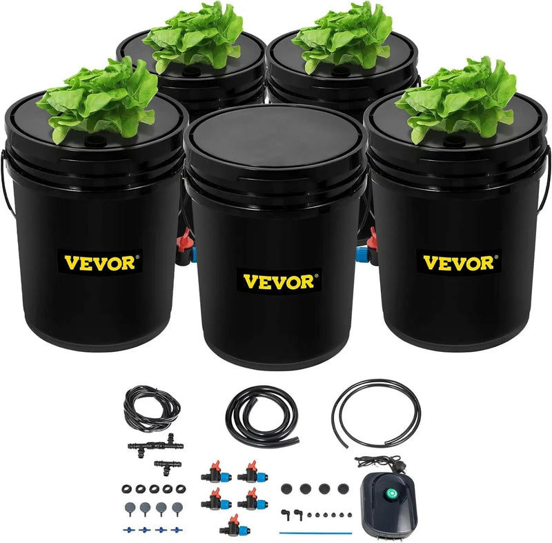 VEVOR DWC Hydroponic System, 5 Gallon 5 Buckets, Deep Water Culture Growing Bucket, Hydroponics Grow Kit with Pump, Air Stone and Connected Reservoir, for Indoor/Outdoor Leafy Vegetables by GreenHaven Gardens