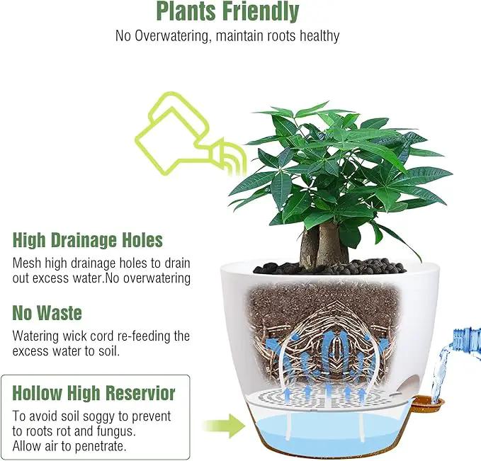 12 inch Large Self Watering Pots, Plastic Planters with 60oZ Removable Deep Reservoir and Multi Mesh Drainage Holes for Indoor Outdoor Garden Plants and Flowers, White with Brown by GreenHaven Gardens