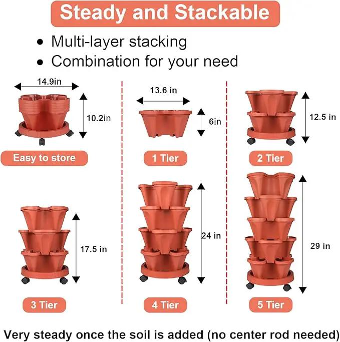 Vertical Planter 5 Tier Stackable Planters Garden Planters Strawberry Herb Flower and Vegetable Planter Indoor Outdoor Gardening Pots with Removable Wheels and Tools 2-Pack by GreenHaven Gardens