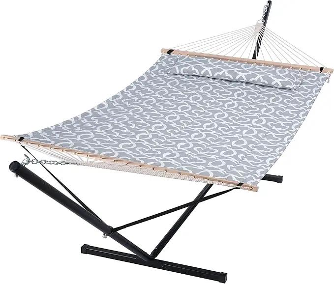 SUNCREAT 55 Inch Extra Large Double Hammock with Stand, 475lbs Capacity, Outdoor Portable Hammock with Hardwood Spreader Bar, Extra Large Pillow, Grey by GreenHaven Gardens