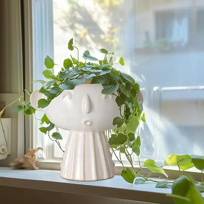 Face Planter Pot 7 Inch - Cute Ceramic Flower Head Planter for Indoor Outdoor Succulent Pot with Drainage Hole Flower Pot Present for Mother Christmas White by GreenHaven Gardens