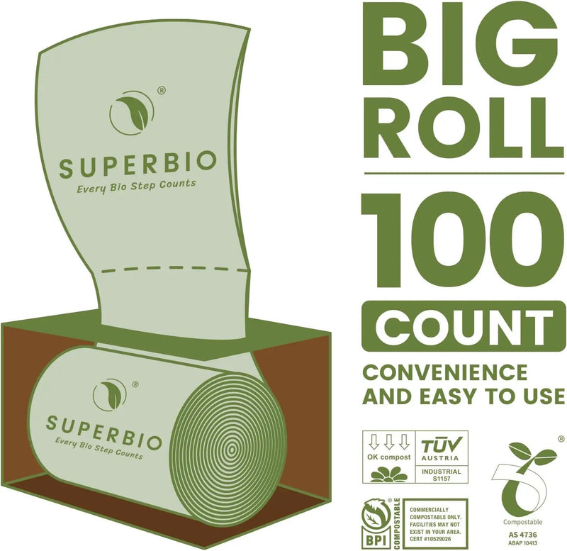 SUPERBIO 2.6 Gallon Compostable Food Waste Bags, 100 Count, 1 Pack, Flat Top Food Scrap Bags， ASTM D6400，Certified by BPI and OK compost INDUSTRIAL,9.84L by GreenHaven Gardens
