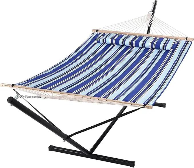 SUNCREAT Two Person Hammock with Stand Heavy Duty, Free Standing Hammocks Outdoors for 2 Person, Max 475lbs Capacity, Blue Stripes by GreenHaven Gardens
