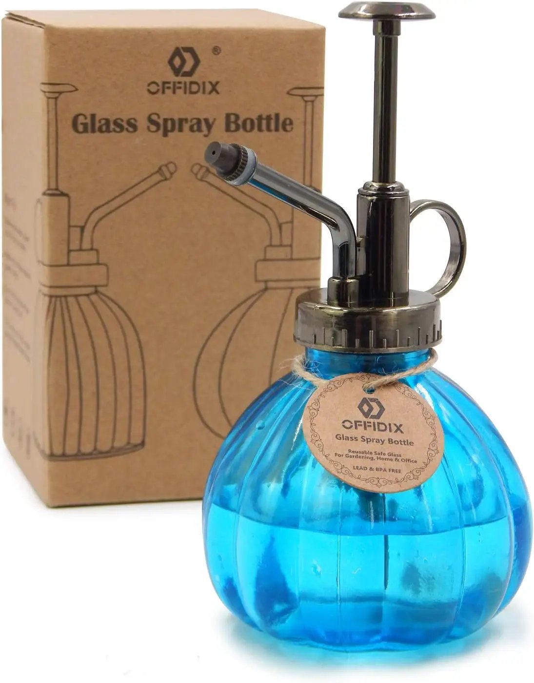 OFFIDIX Glass Watering Spray Bottle, 6.3" Tall Vintage Style with Bronze Plastic Top Pump One Hand Watering Can Spray Bottle (Light Blue) by GreenHaven Gardens