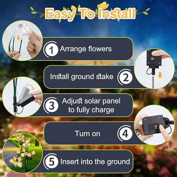 Solar Garden Lights Outdoor, 4 Pack 24-Head Artificial Flowers Solar Lights, IP65 Waterproof Garden Decoration for Yard Patio Path Cemetery Grave, Gifts for Mom Women Bithday Mother's Day-Auto ON/Off by GreenHaven Gardens
