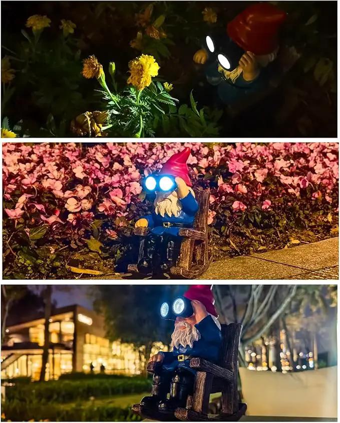 Solar Garden Gnome Statues Resin Gnome Figurines Sitting on Rocking Chair Outdoor Telescope Gnome Gifts for Yard, Patio Decor Gift by GreenHaven Gardens