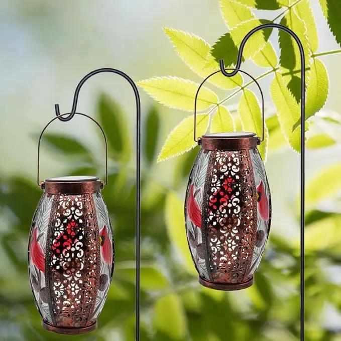 2PCS Cardinal Solar Lanterns Glass & Metal Hanging Light Outdoor Waterproof 16" H Tabletop Lamp with Hollowed-Out Design with Shepherd's Hooks for Garden Patio Table Decor by GreenHaven Gardens