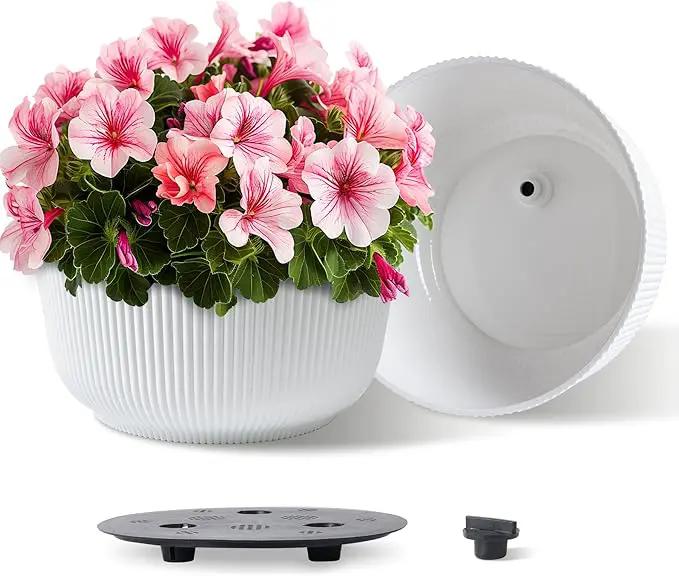 T4U 12 Inch Large Self Watering Plant Pots, Wide Self Watering Planter with Drainage Hole, Large Plant Pots Flower Pot for Plants, Set of 2, White by GreenHaven Gardens