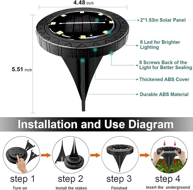 Solar Powered 8 Pack Outdoor LED Disk Lights - IP68 Waterproof, Non-Slip, Wear-Resistant Pathway Lights (Warm White) by GreenHaven Gardens