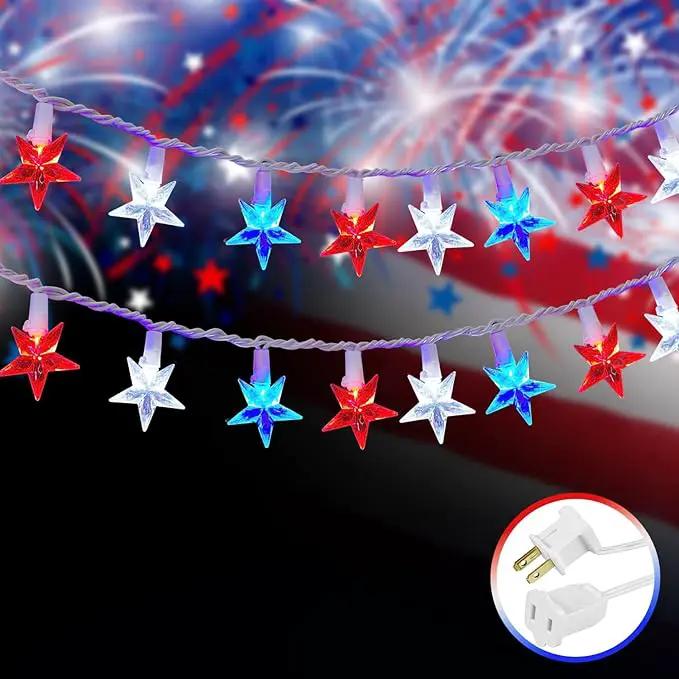 100 LED Red White and Blue Star Lights, 37FT 4th of July Star String Lights Plug in for Home Patio Garden Yard Memorial Day Independence Day Patriotic Decorations Outdoor, White Wire by GreenHaven Gardens